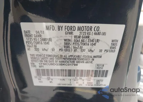 2011 Ford Escape Xlt z USA, uszkodzony, nr VIN 1FMCU9DG3BKC01794